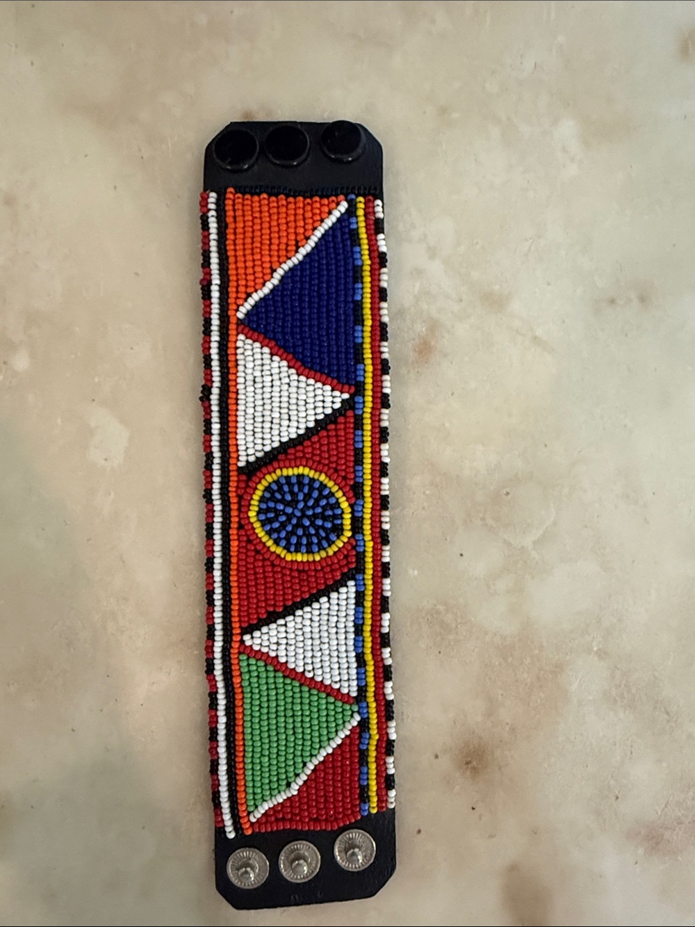 Maasai Hand-Beaded Multicolor Geometric Leather Cuff Bracelet